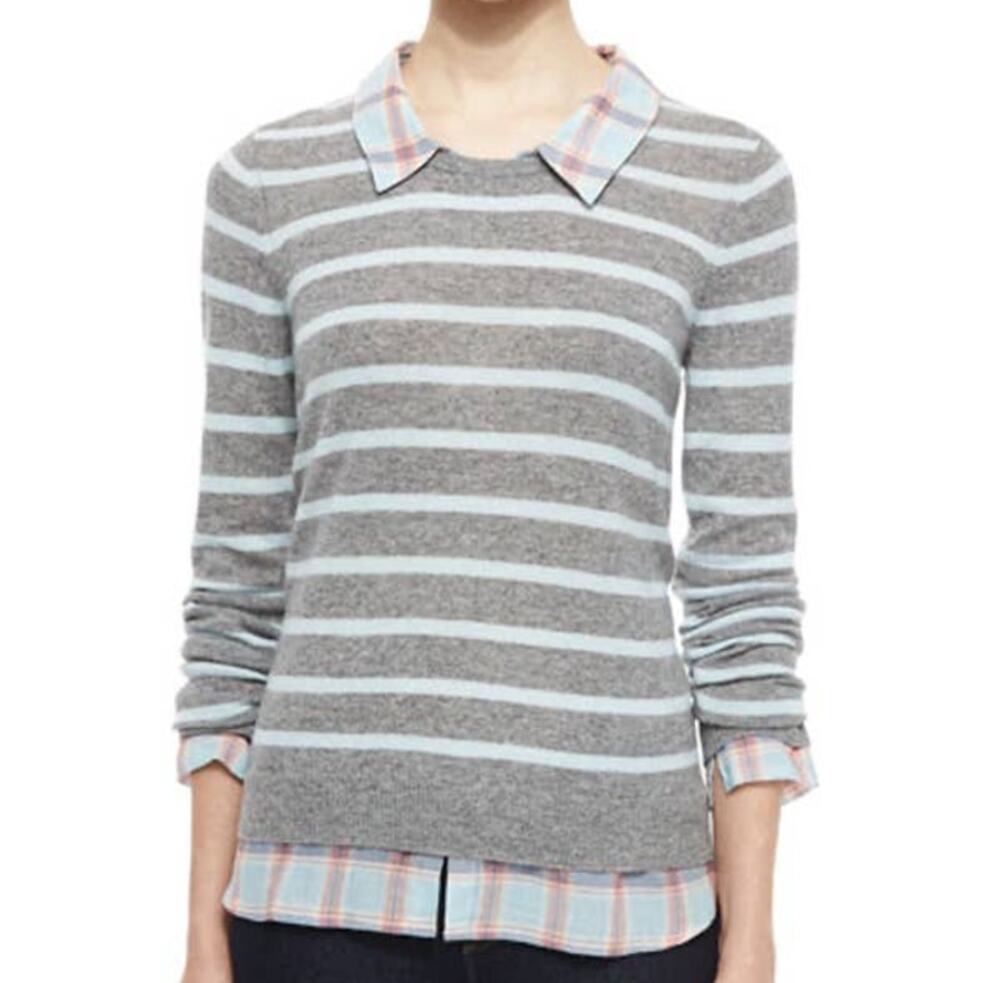 NWT JOIE CASHMERE SWEATER RIKA Women's Size XS Gray Striped With SHIRT COLLAR